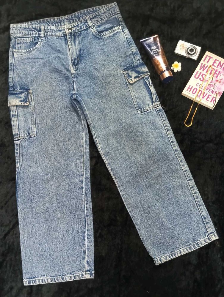 Vintage Wash Denim Cargo Pants
