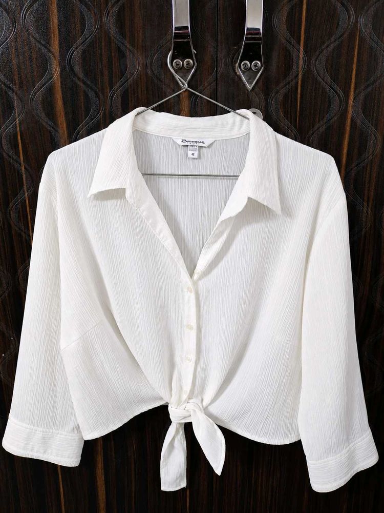 White Tie-Front Cropped Shirt