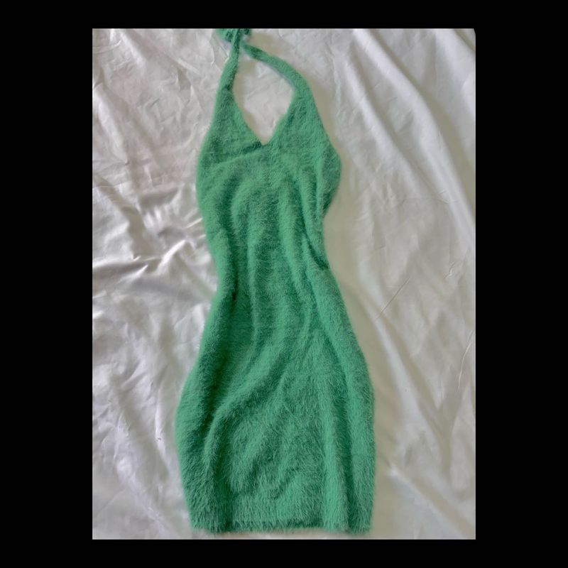Green Fuzzy Halter Bodycon Dress