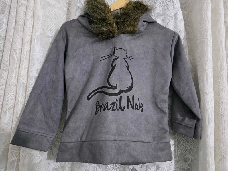 Velvet Grey Cat Print Hoodie