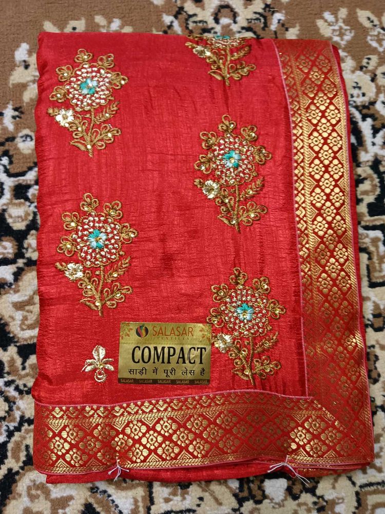 Red Compact Salasar Saree With Blouse Piece