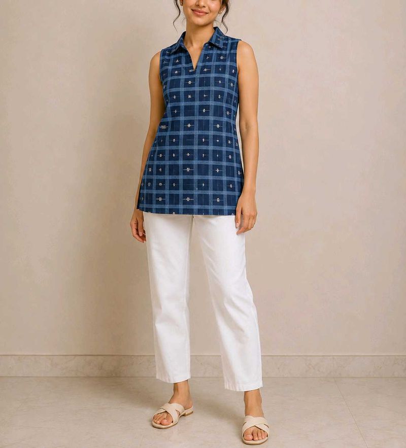 Blue Checked Sleeveless Kurta