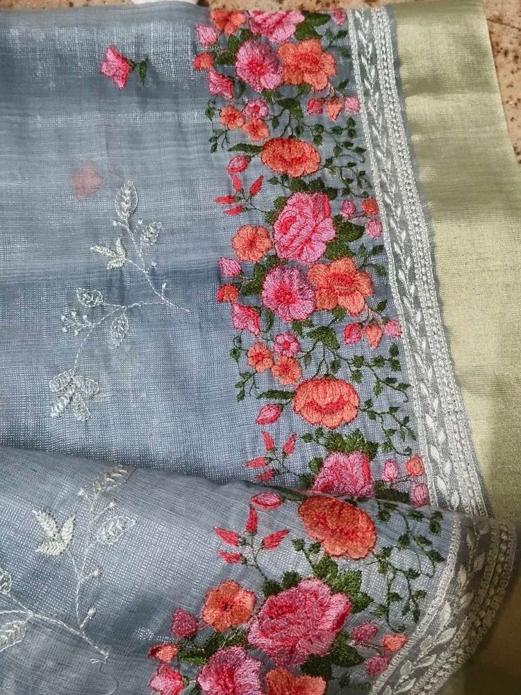 Beautifully Embroidered Grey Saree only no blouse