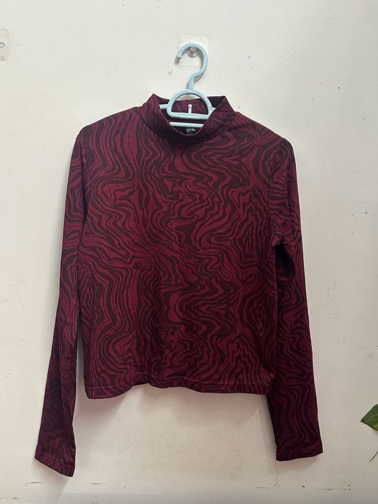 R&amp;B Burgundy Abstract Print High Neck Top