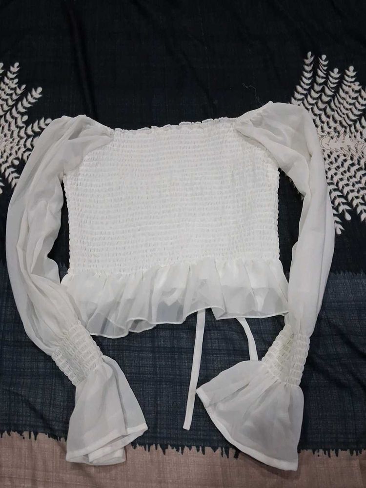 White Smocked Puff Sleeve Top