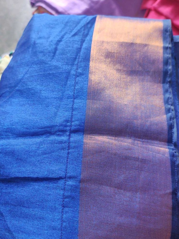Vibrant Blue Saree with Gold Border