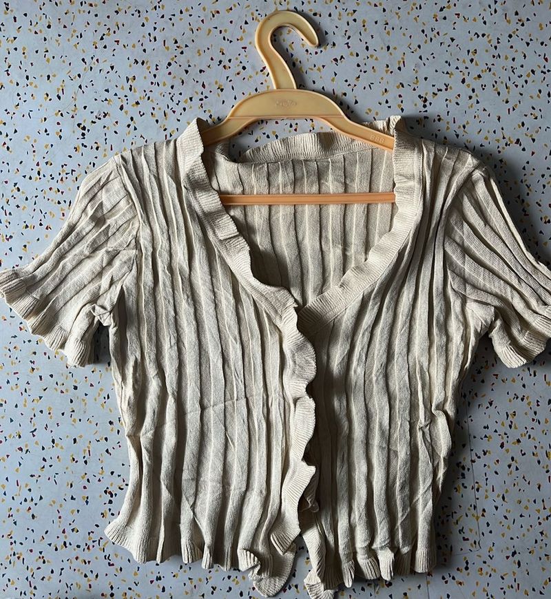 Ribbed Ruffle Trim Tie-Front Top