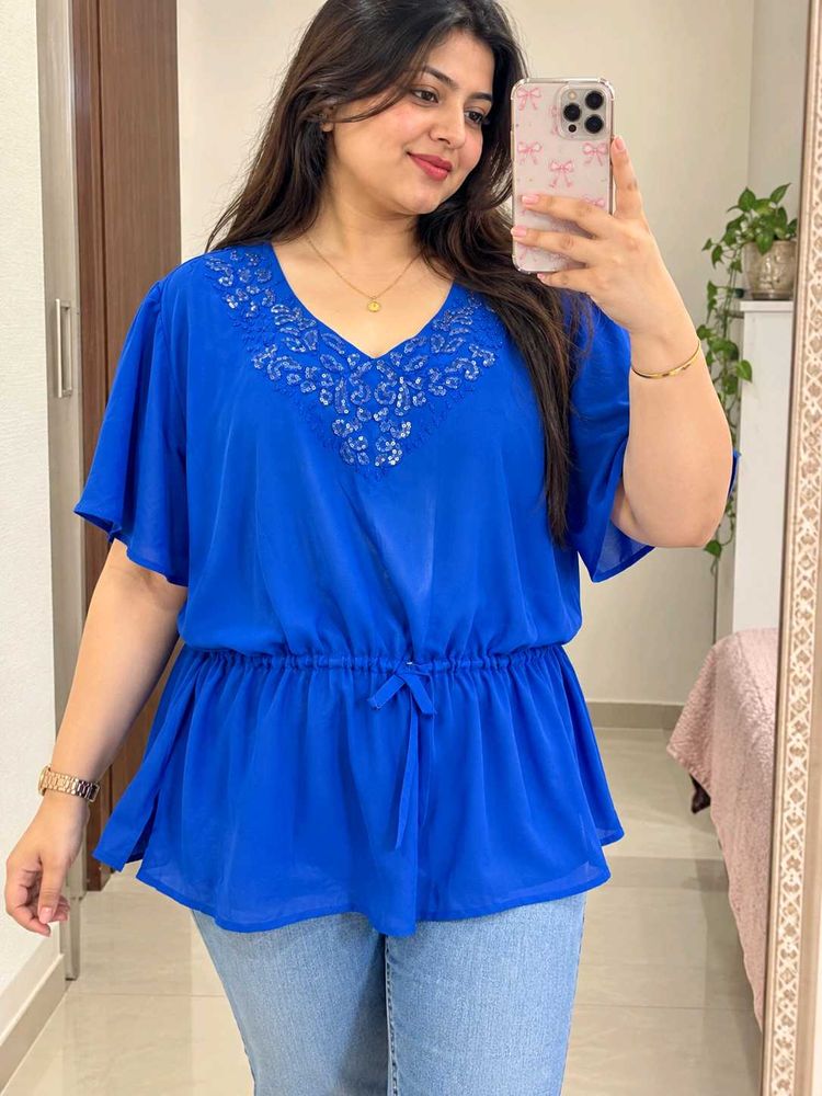 Vibrant Blue Embellished Tunic Top 2Xl-3XL