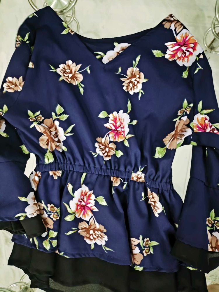 Navy Floral Print Bell Sleeve Top