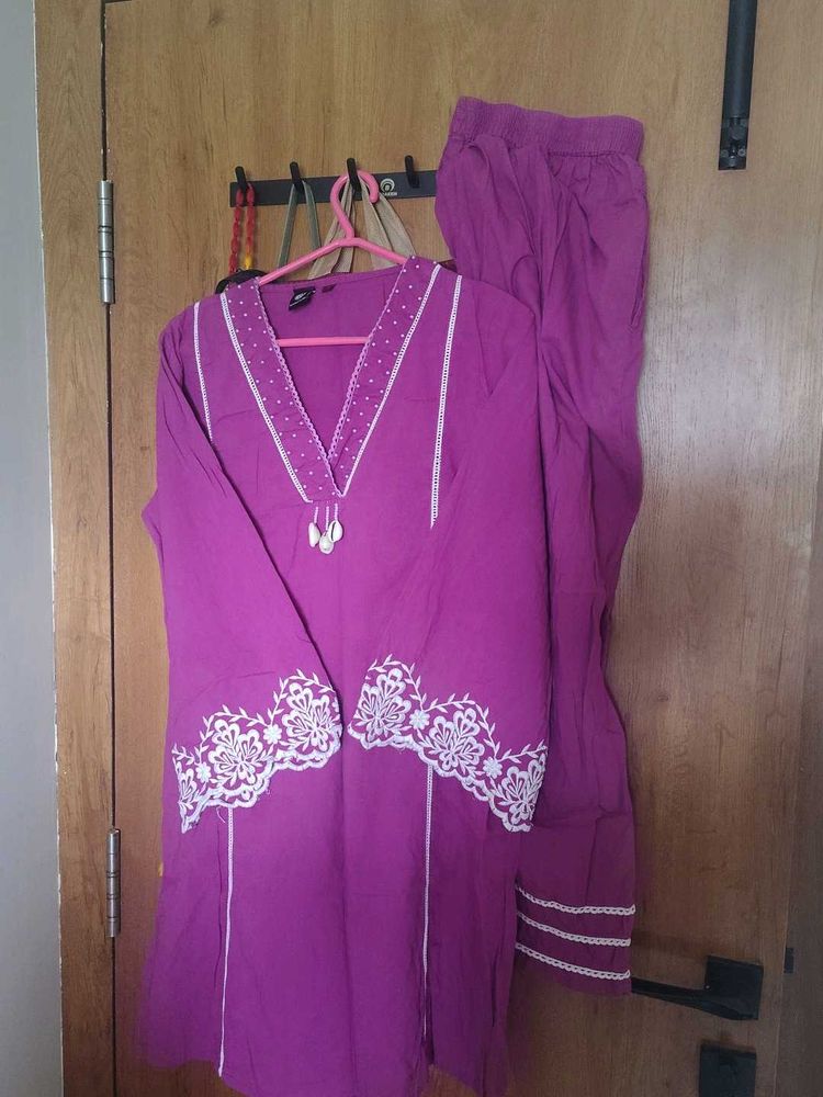Purple Kurta Set with White Embroidery