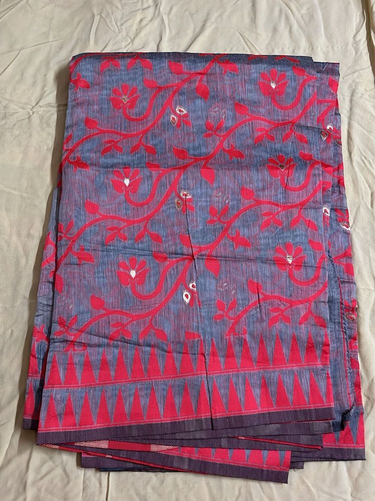 Falls done Elegant Grey &amp; Pink Floral Saree