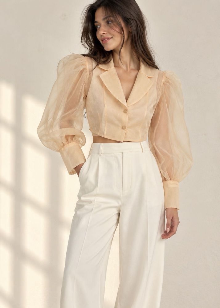 designer Sheer Puff Sleeve Cropped Blazer Top