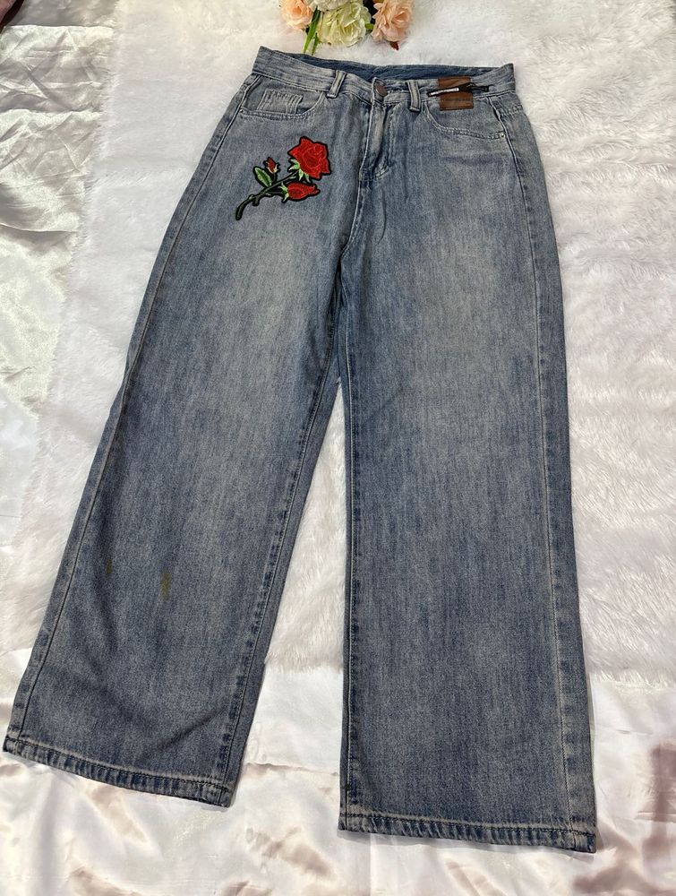 Women's Wide Leg Jeans with Rose Patch
