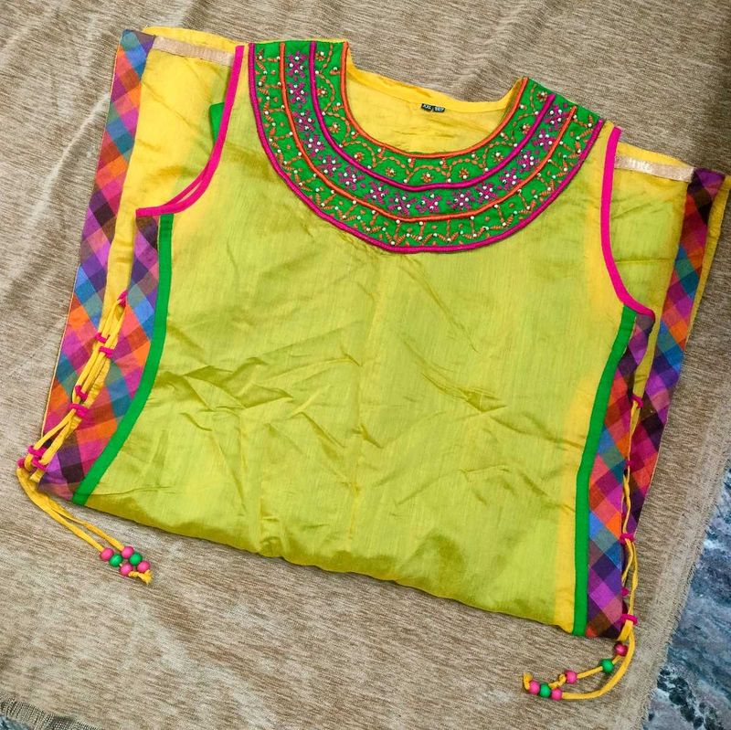 Vibrant Yellow Kurta with Embellished Neckline