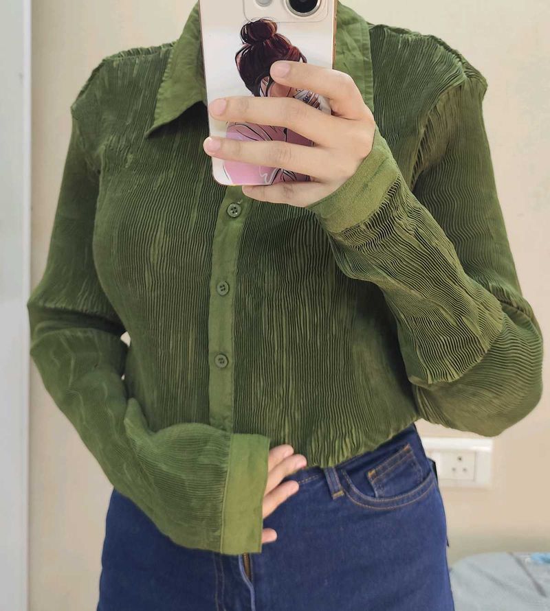 ZARA Green Pleated Long Sleeve Top