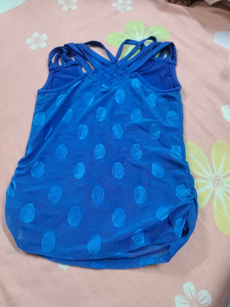 Blue Polka Dot Mesh Tank Top