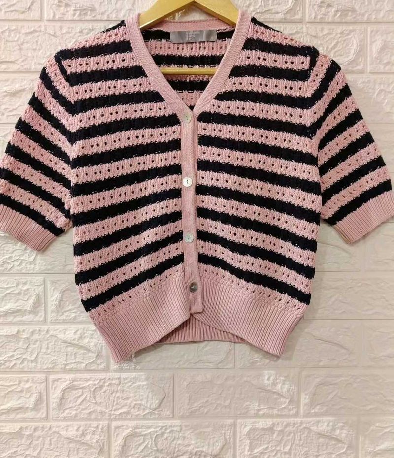 Pink Stripes Cardigan Top
