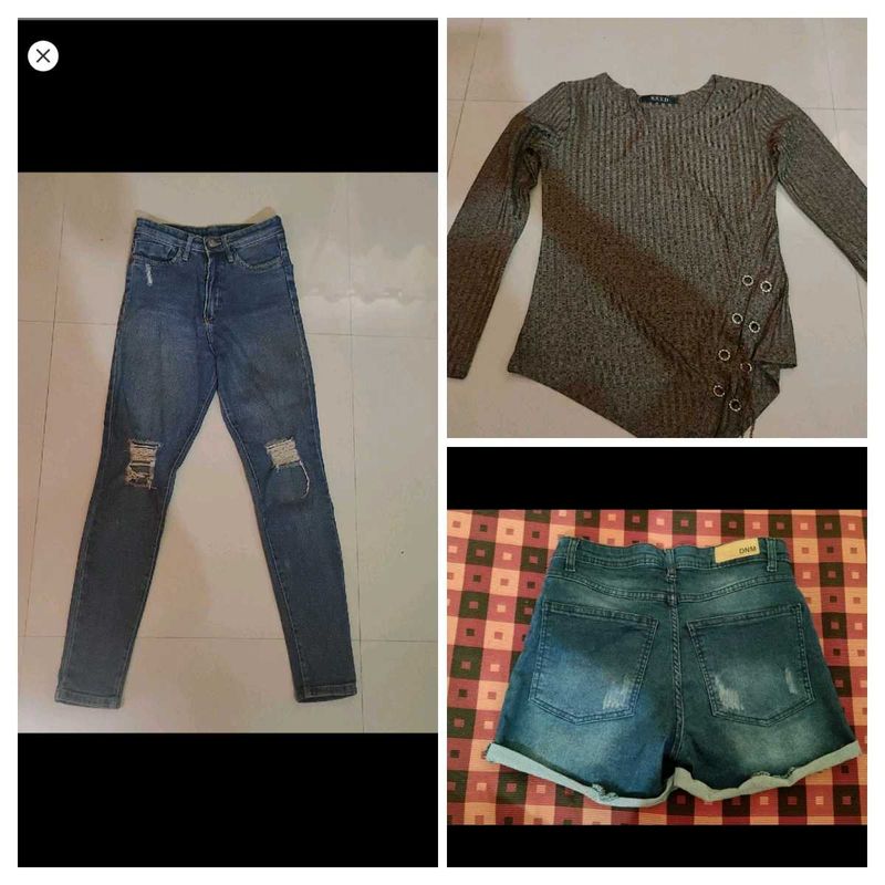 Chic Denim Jeans ,top and  Shorts Set