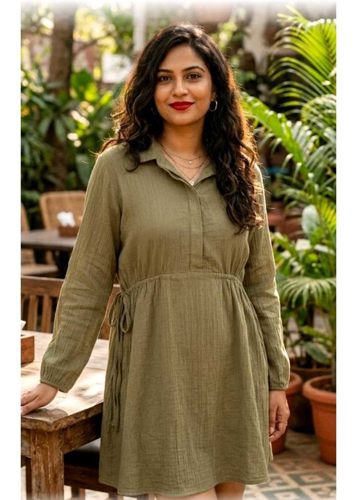 🔥Zudio 🔥Olive Green Button-Up Midi Dress