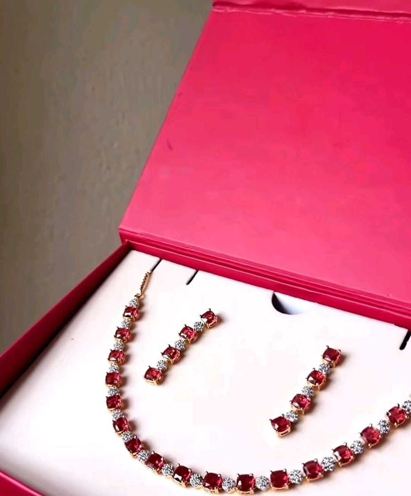 Elegant Ruby &amp; Diamond Necklace &amp; Earring Set