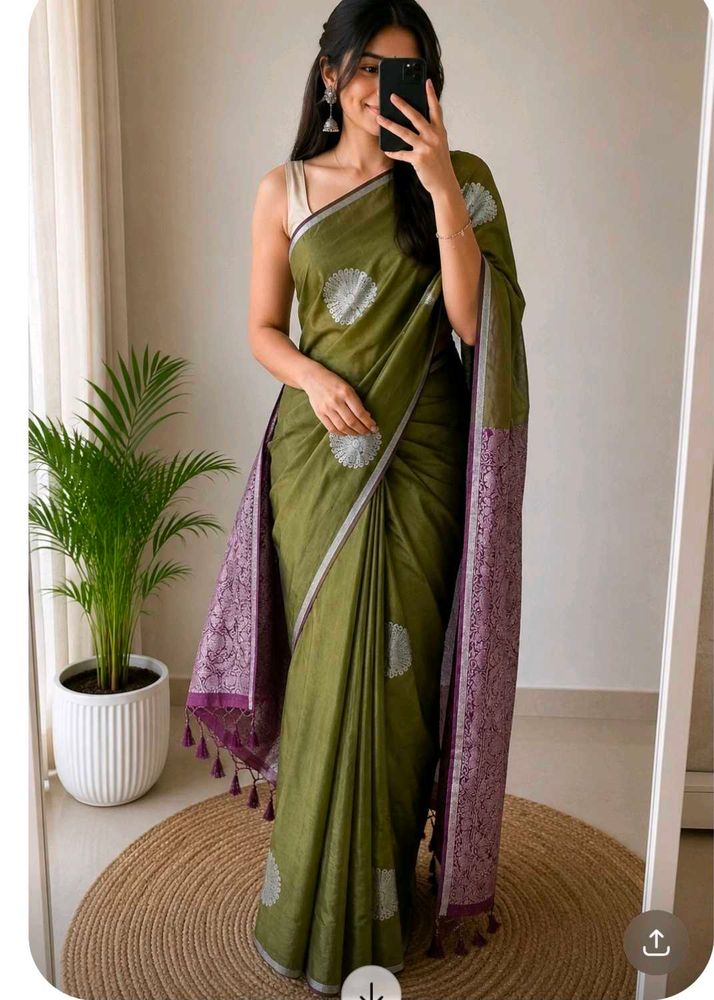 New Olive Green Saree with Peacock Motif