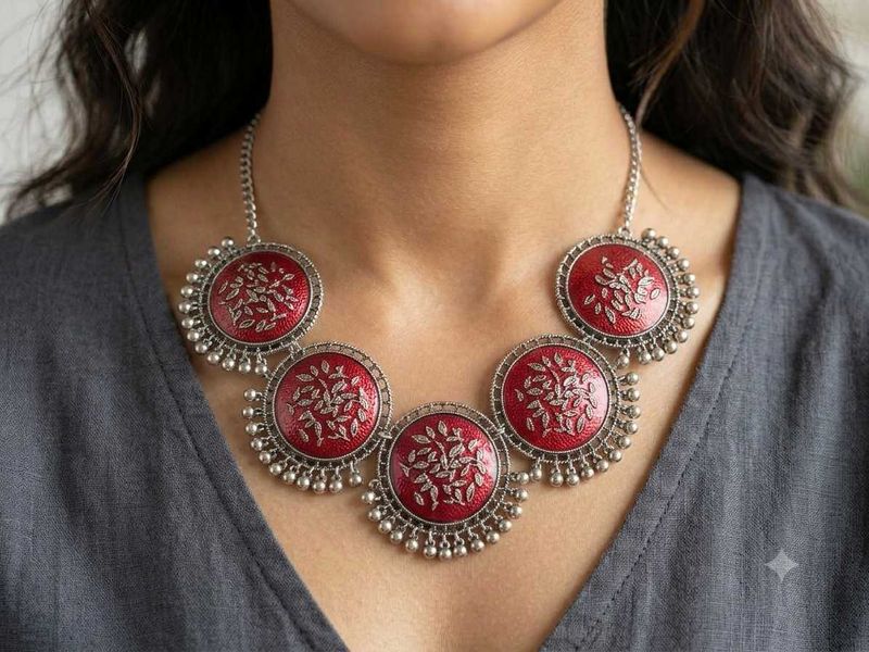 Exquisite Red &amp; Silver Necklace Set for Navratri