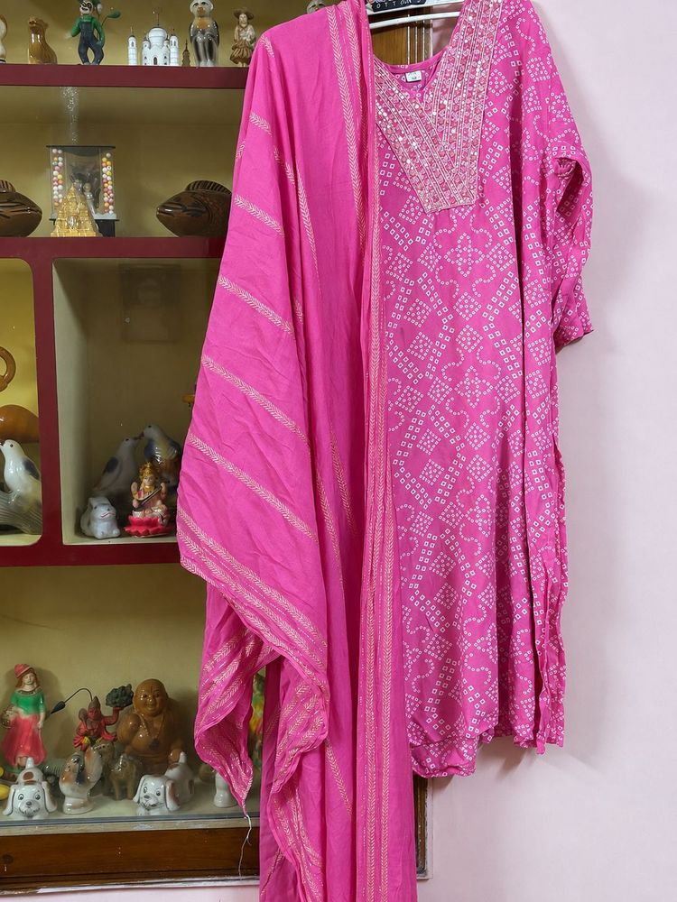 Vibrant Pink Bandhani Kurta Set with Dupatta