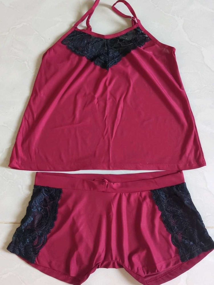 Burgundy Lace Trim Sleep Set