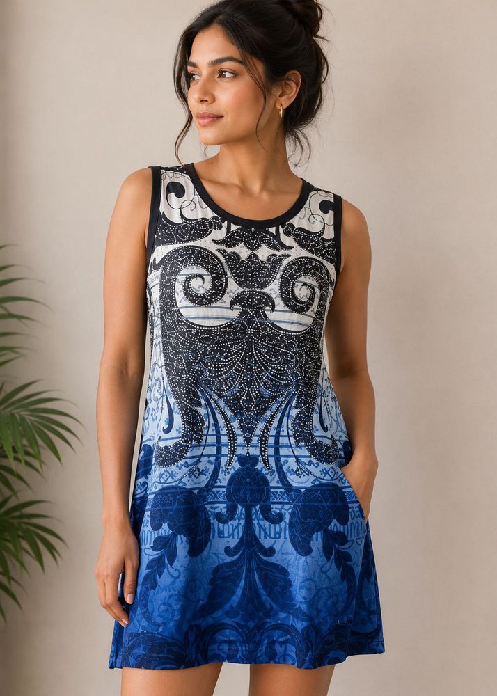 Unique Blue &amp; Black Printed Sleeveless Dress