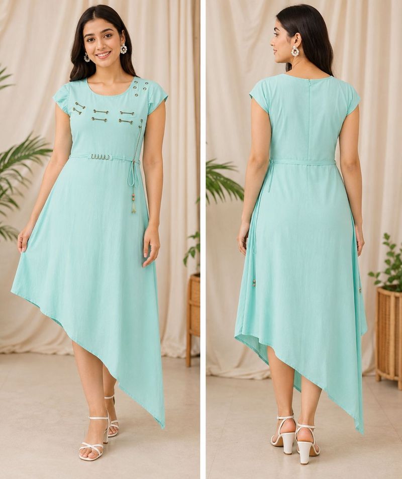 Stylish Asymmetrical Turquoise Midi Dress