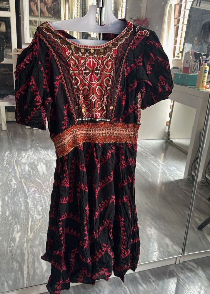 Boho Embroidered Black &amp; Red Dress
