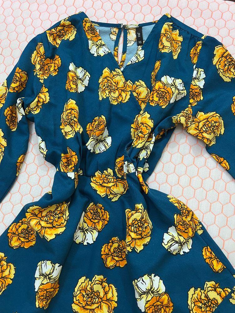 Teal Floral Print Flowy Dress | XS to S