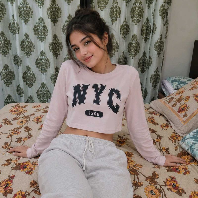 Pink NYC Cropped Long Sleeve Top