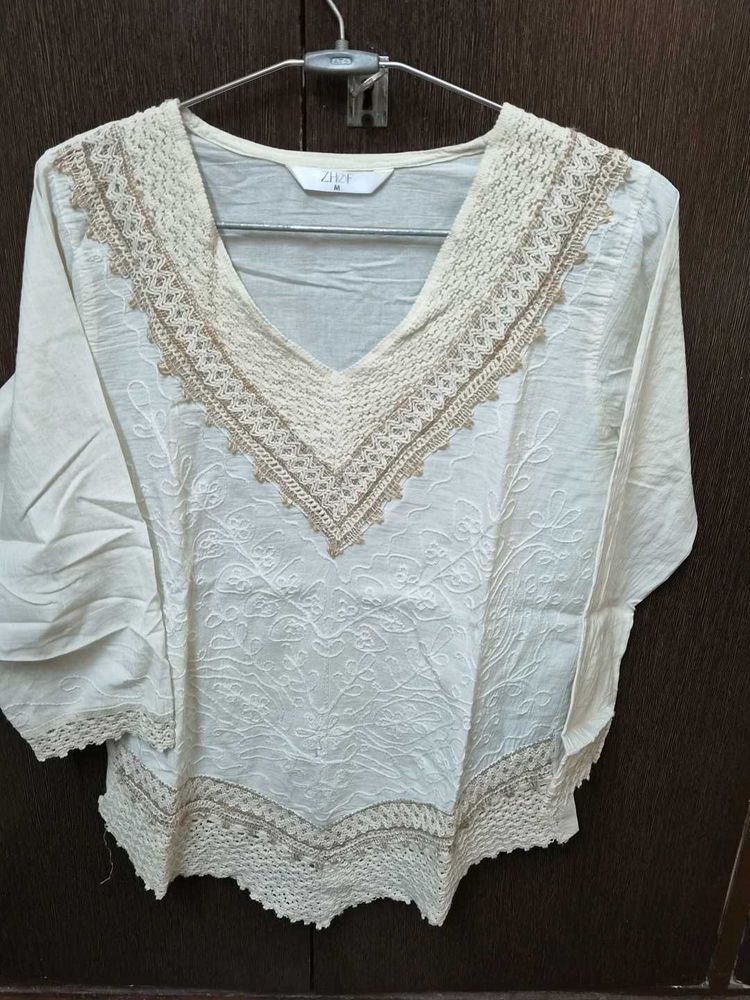 Boho Cream Lace Trimmed Kurta Top