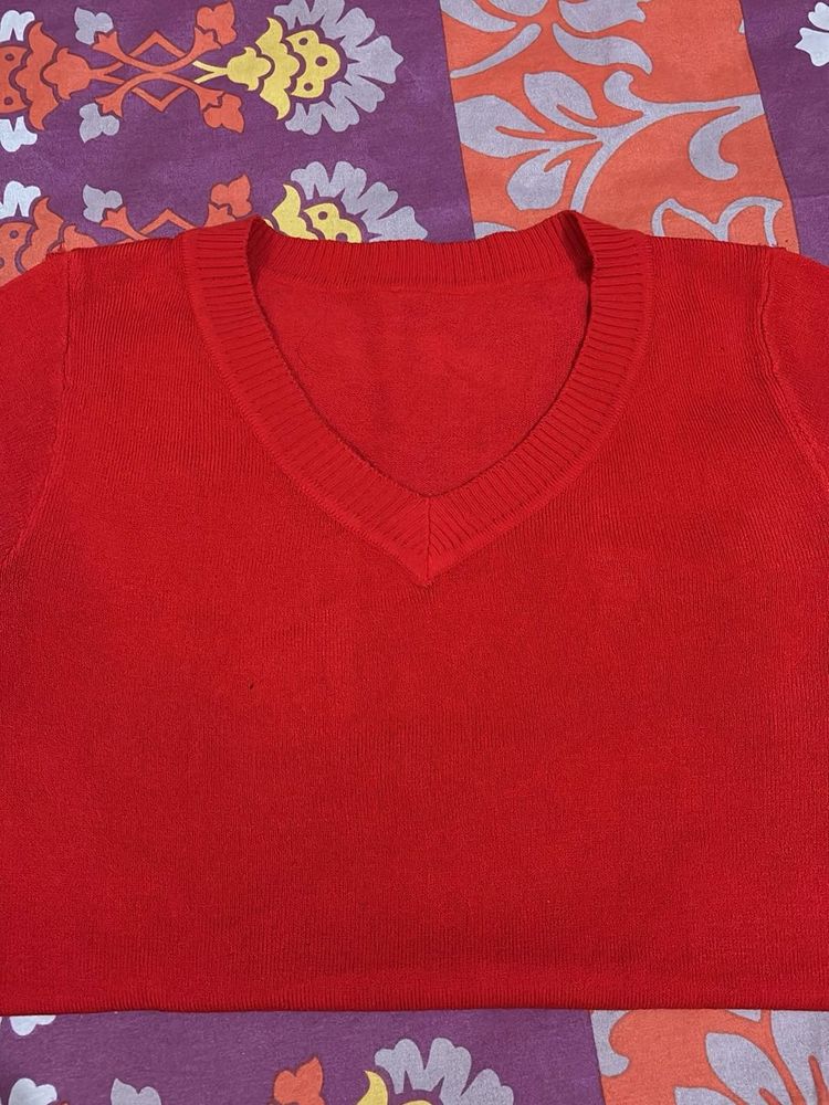 Red V-Neck Knit Sweater