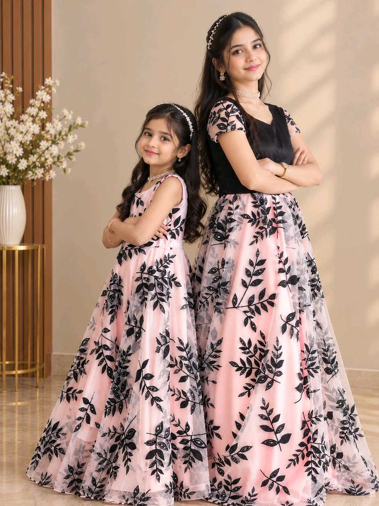 sisters  Matching Pink &amp; Black Floral Gown Combo