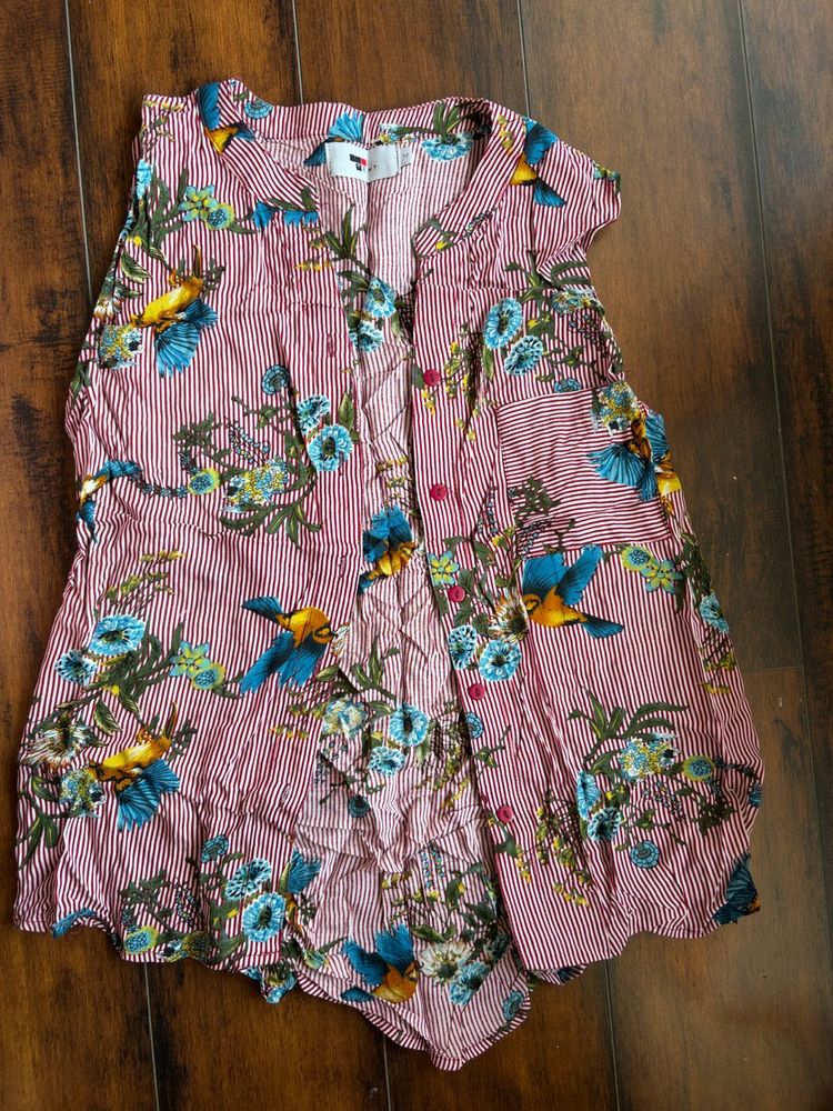 Chic Bird Print Striped Tunic Top