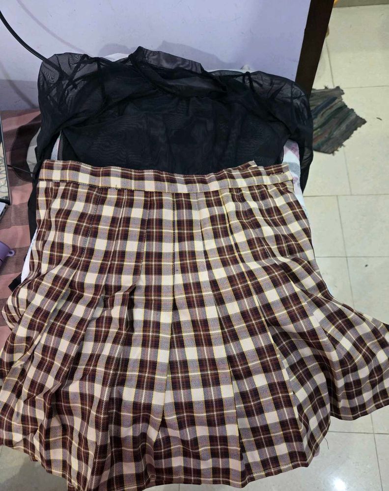 Brown Plaid Pleated Skirt