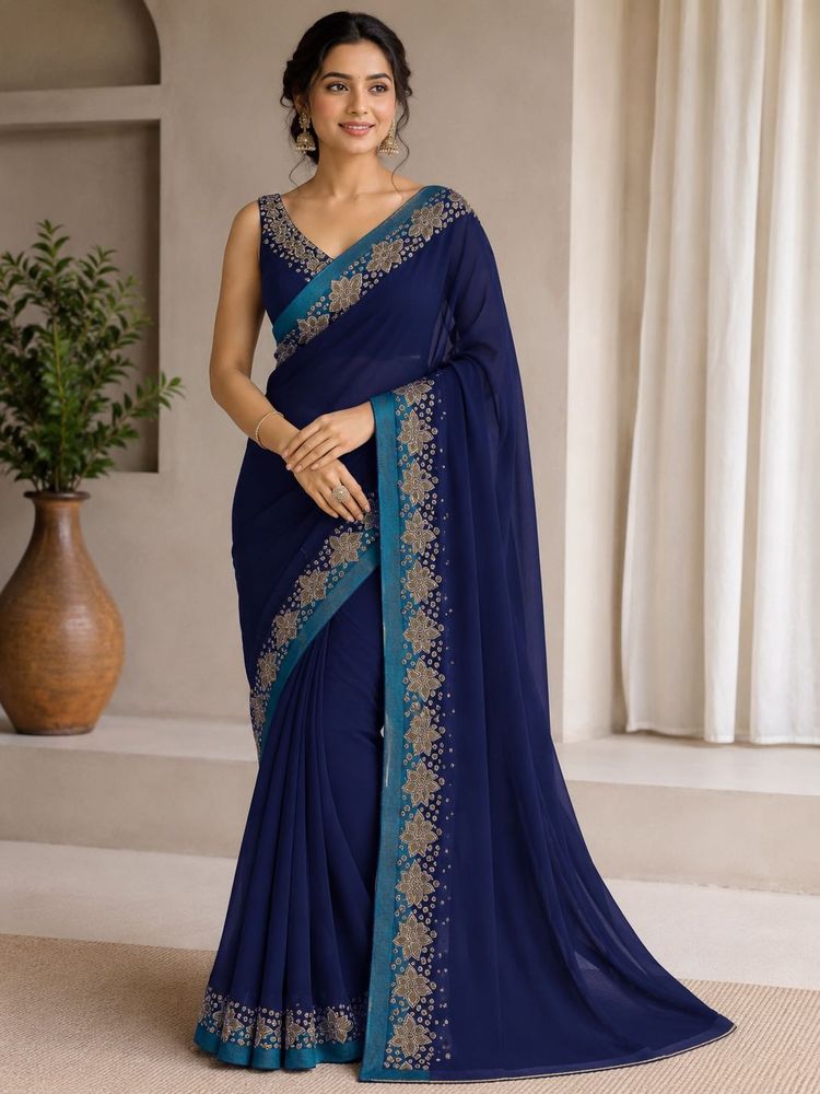 Elegant Navy Blue Embroidered Saree