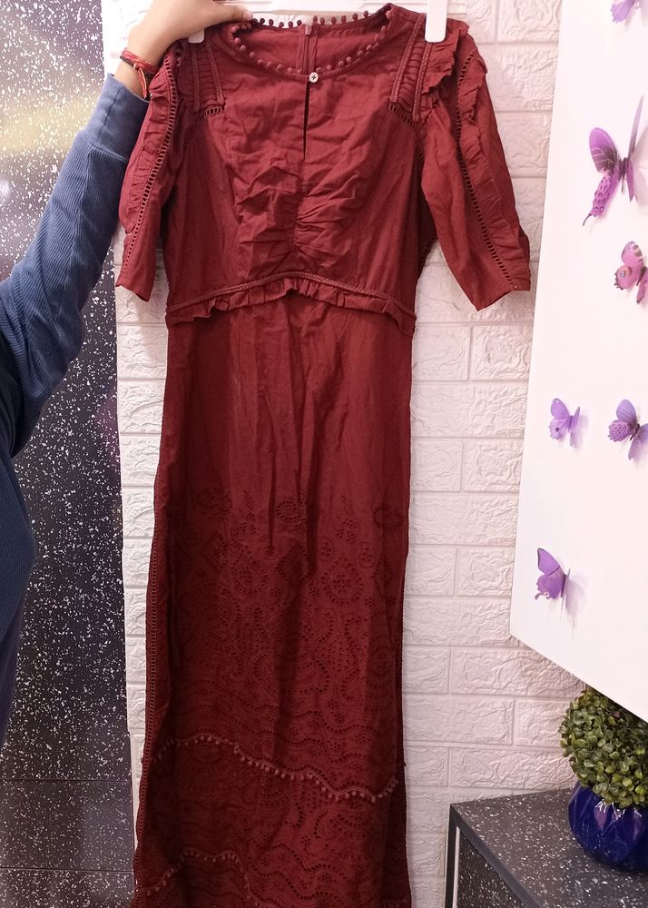 Cotton Maxi Gown With Shiffli Work( Length -50")