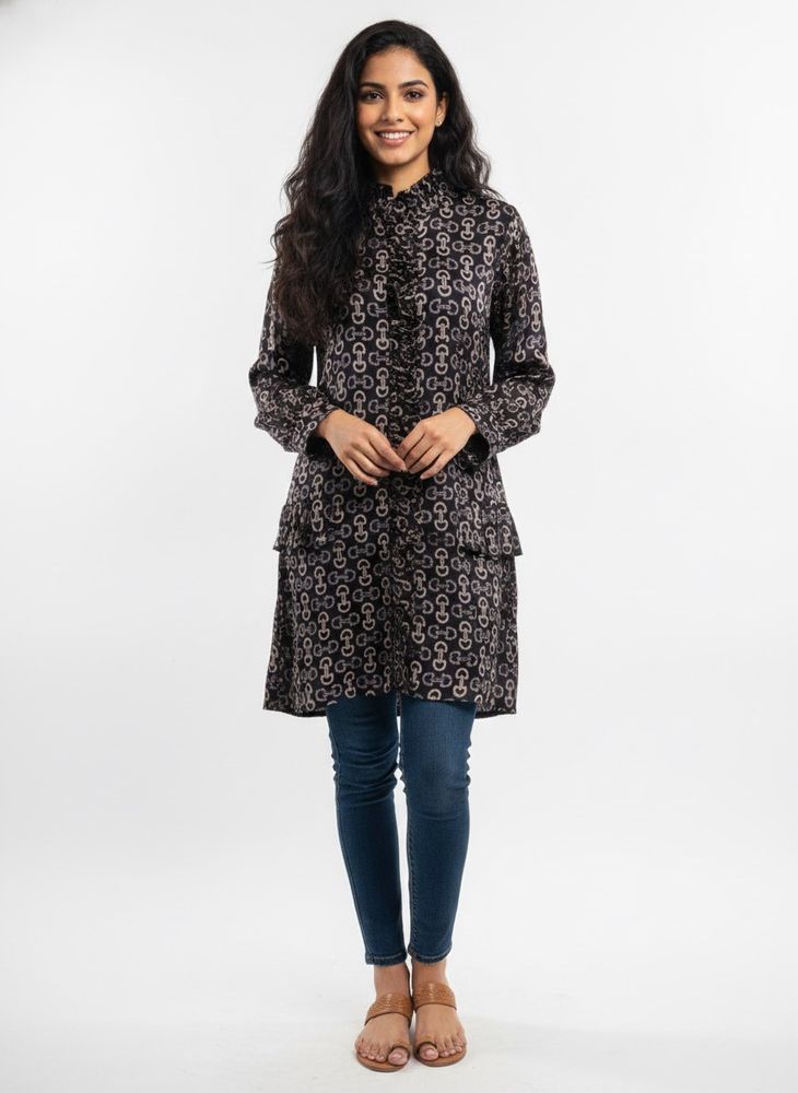 Chic Black Patterned Tunic Top