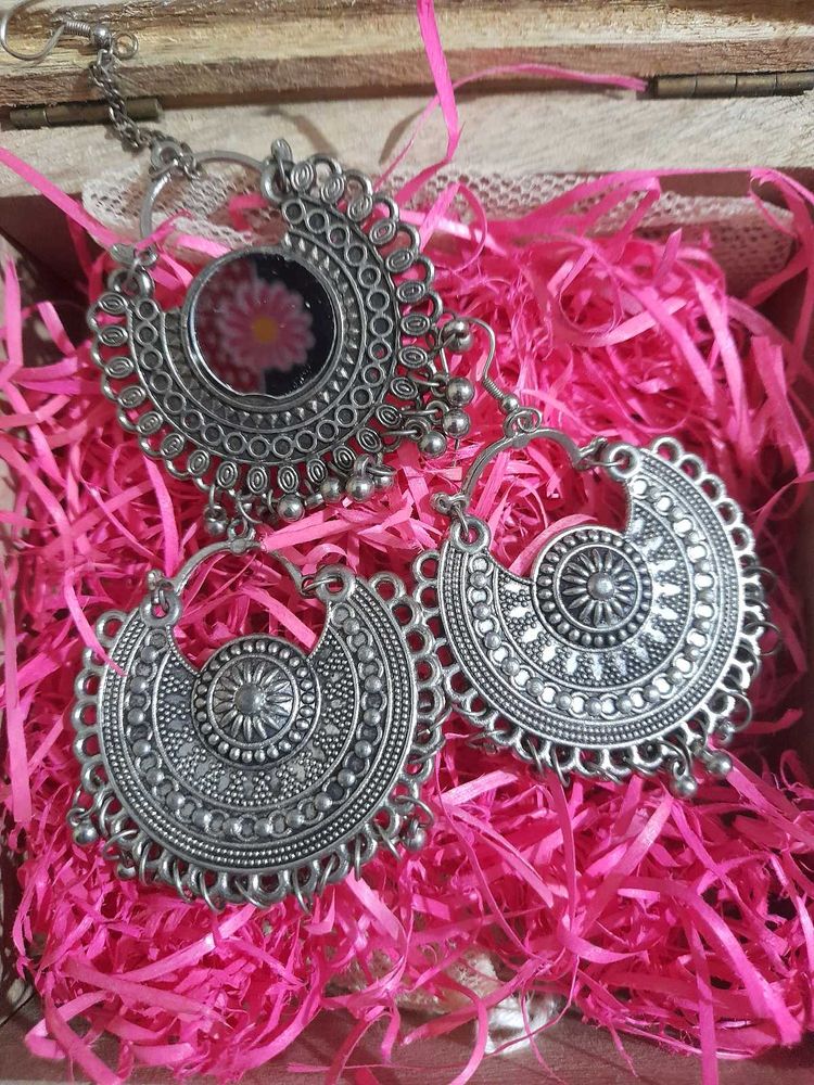 Boho Oxidized Jhumka Earrings with maangtik