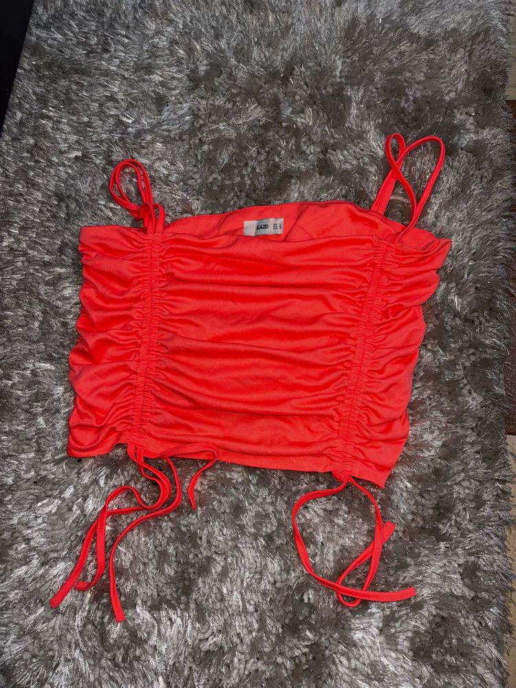 Neon Orange Ruched Drawstring Crop Top
