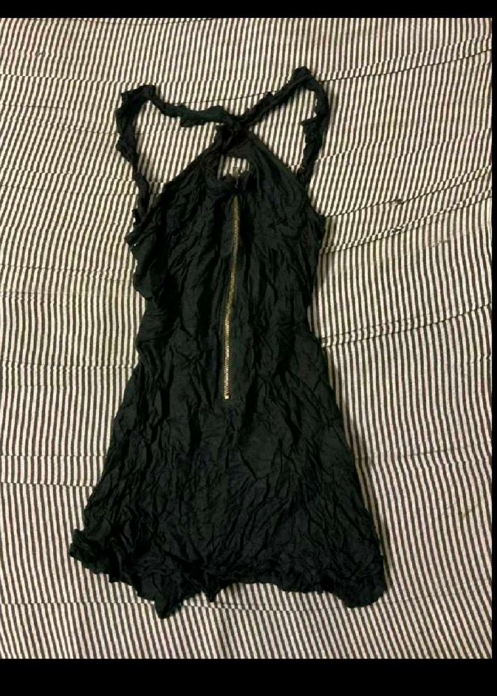 Black Crinkle Mini Dress with Zipper