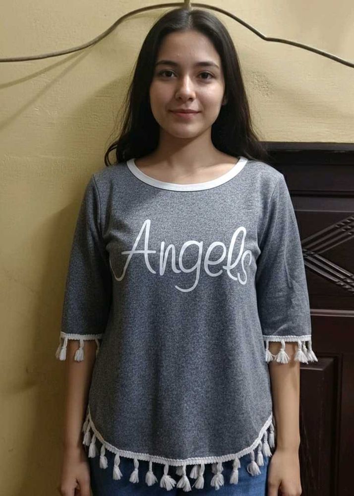 Chic "Angels" Graphic Tunic Top with Tassel Trim