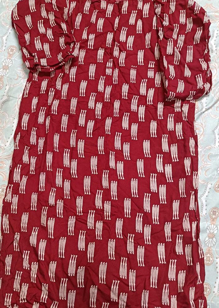 Maroon Printed Cotton Kurta