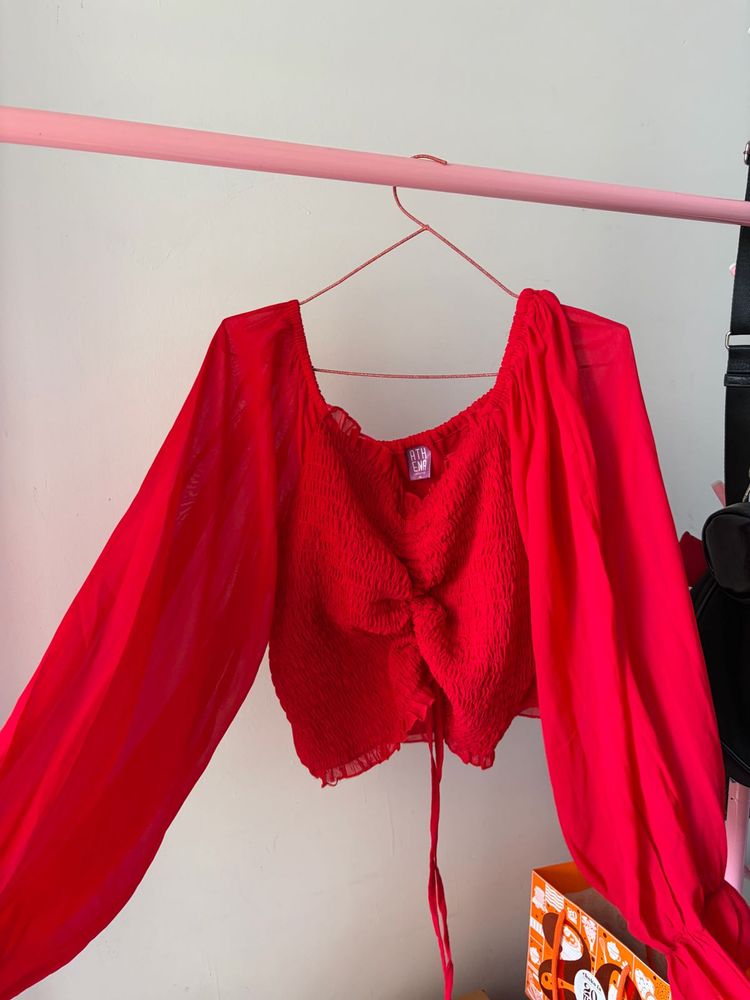 Red Sheer Sleeve Ruched Top