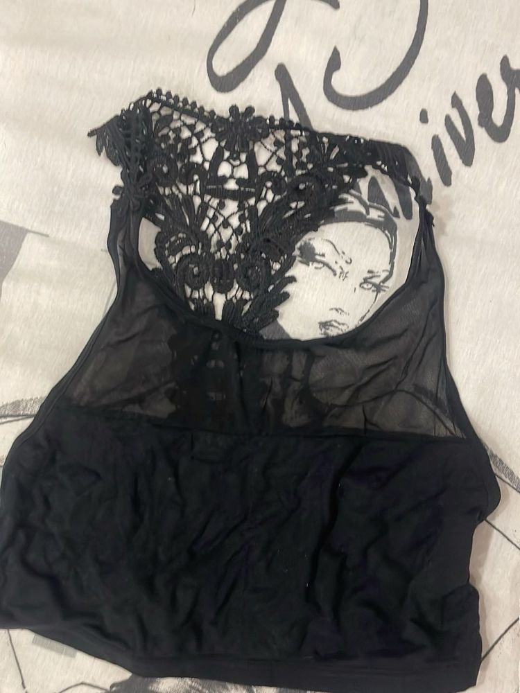 Black Lace Trimmed Sheer Top