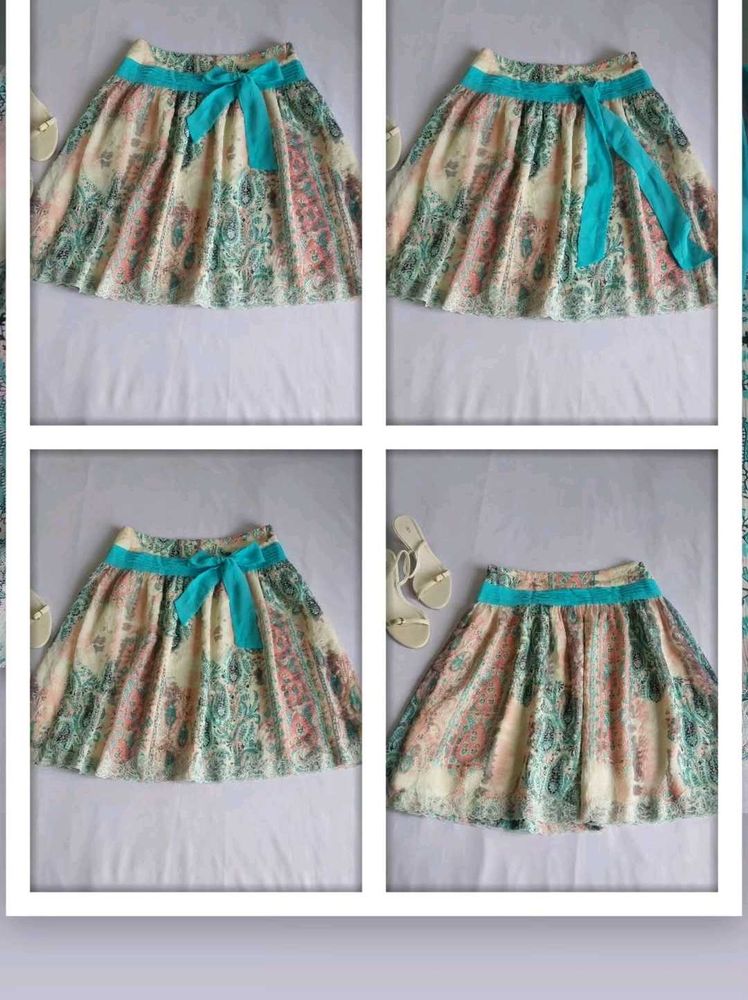 Boho Paisley Print Midi Skirt with Teal Ribbon🪻