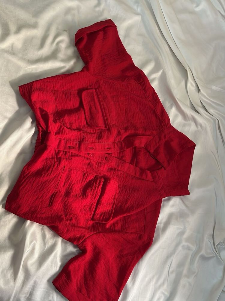 Chic Red Crinkle Button-Up Top